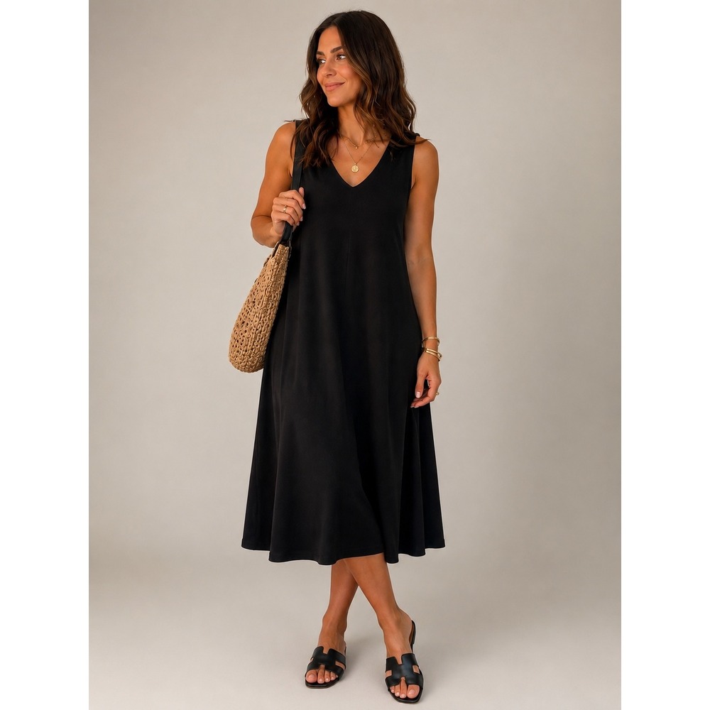Sympli Black Sleeveless V-Neck Midi Dress A-Line Dress